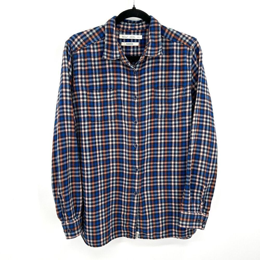 WOOLRICH Men's Pemberton Blue Brown Plaid Flannel Long Sleeve Button Up Shirt XL